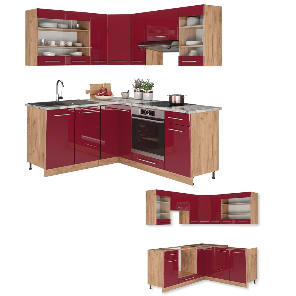 Vicco Eckküche Küchenzeile Einbauküche Fame-Line Eiche Bordeaux Rot 190 cm modern Schubunterschrank Spülenunterschrank Eckunterschrank Herdumbauschrank Hängeglasschrank Hängeschrank Hochglanz