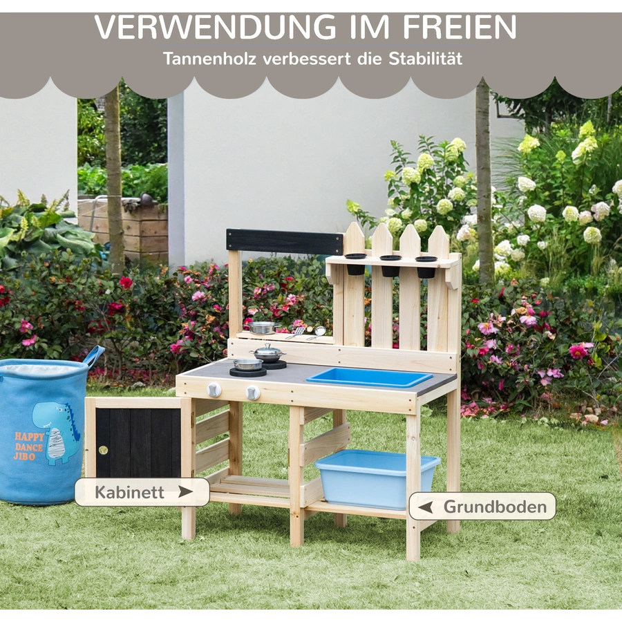 Outsunny Kinderküche mit Pflanzentöpfe natur