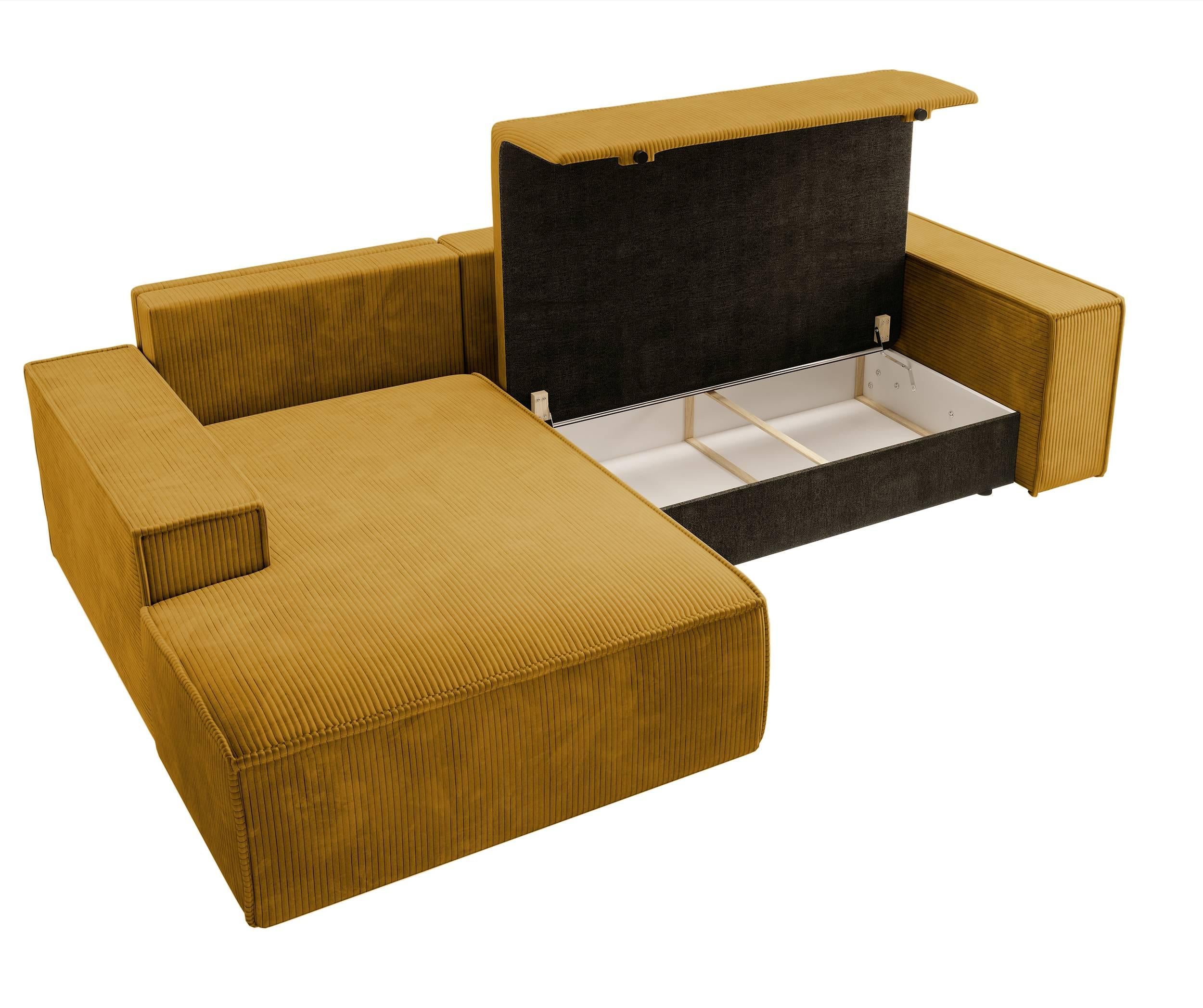 NADUVI Collection Galine Hoekbank met Chaise Longue Links met Slaapfunctie - Ribstof - Mosterdgeel