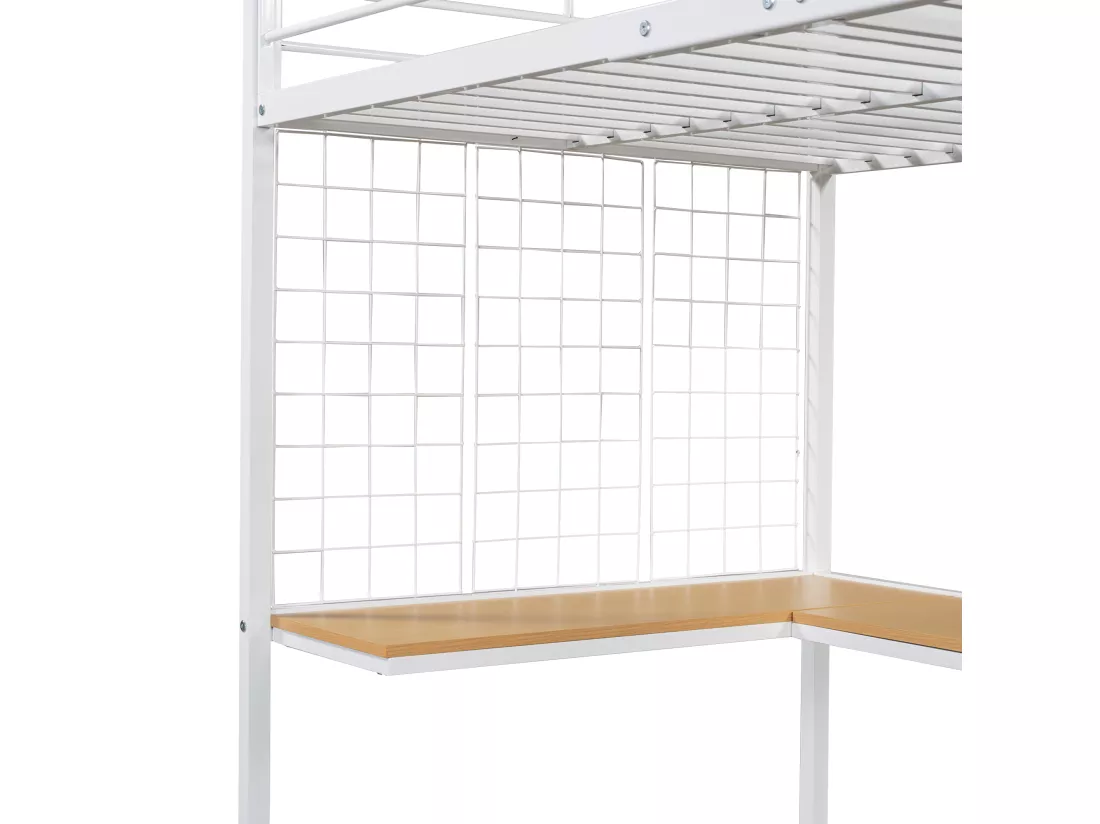Lit superposé 90x200 cm - avec bureau et armoire - en fer et panneaux de particules - Blanc