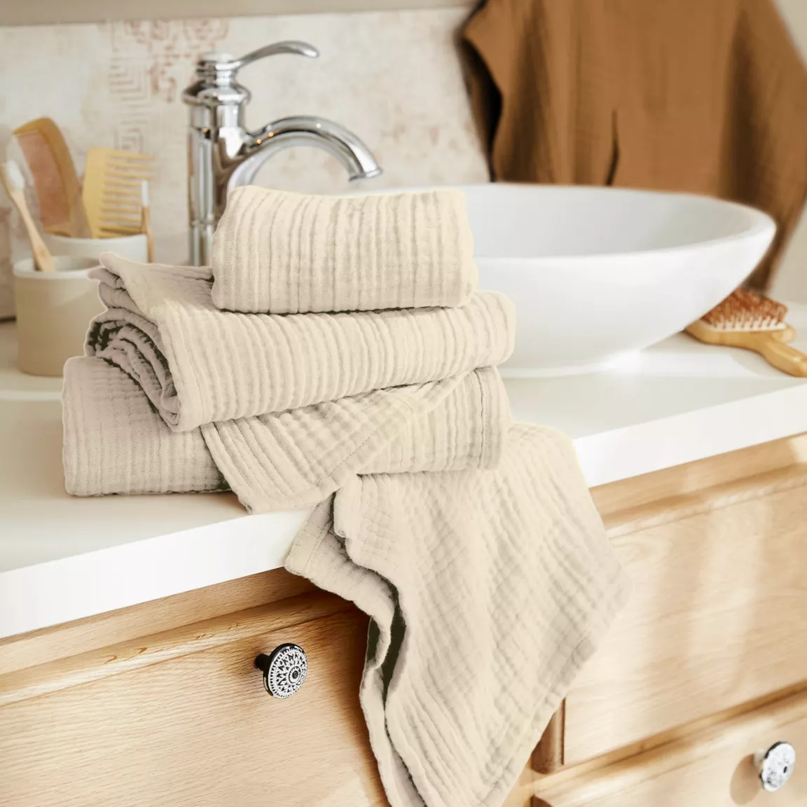 Serviette de bain gaze de coton (50 x 90 cm) Gaïa Beige pampa