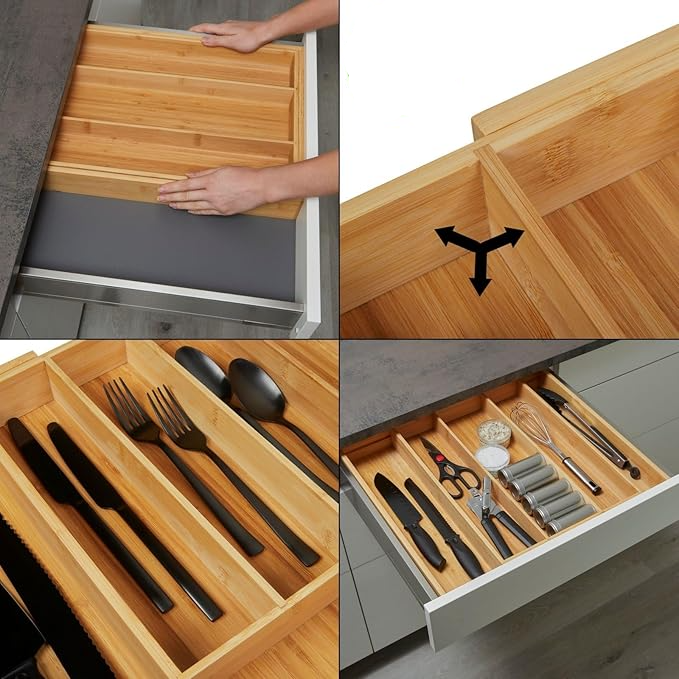 (26-40cm) Bambus 7-fach Universal Besteck Kasten Ausziehbarer Schubladeneinsatz Küchen Organizer - Braun