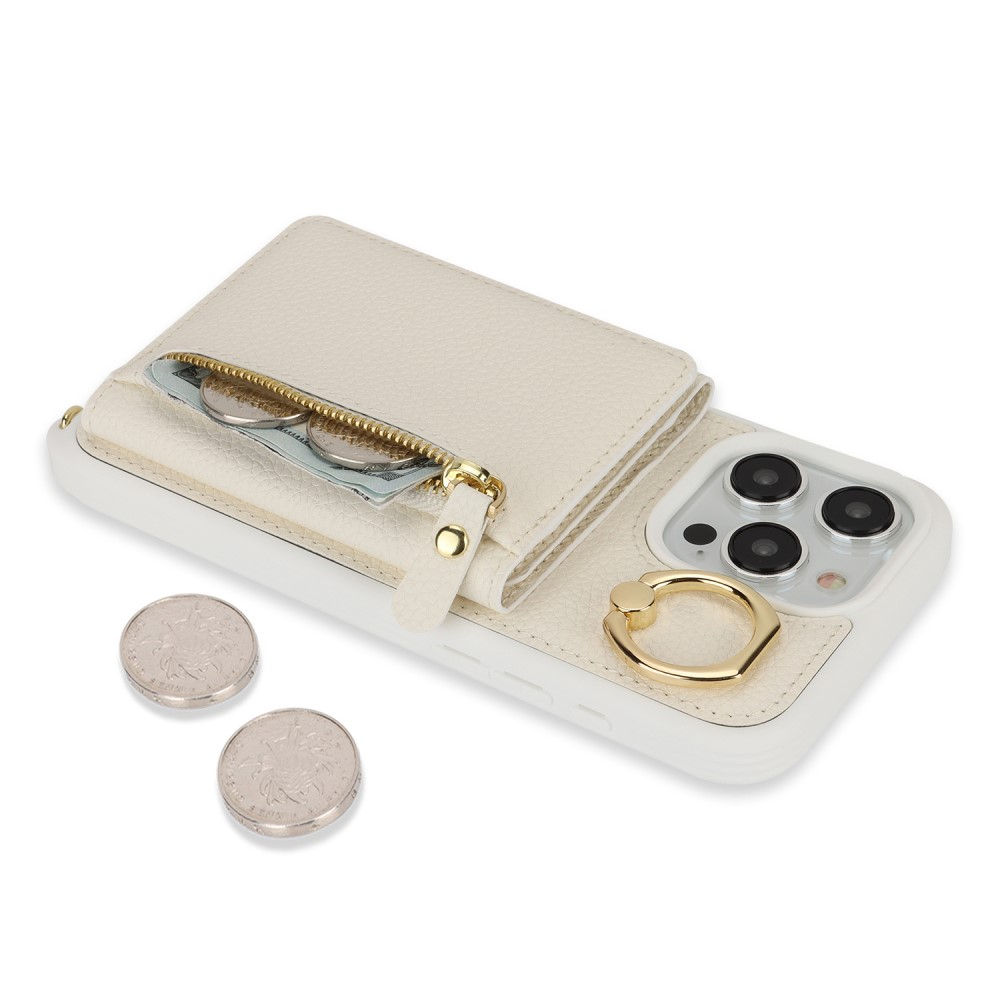 iPhone 15 Pro Max Necklace Leder Hülle mit Münzfach und Kartenfächer   Finger Griff Halterung   Handykette - Weiss
