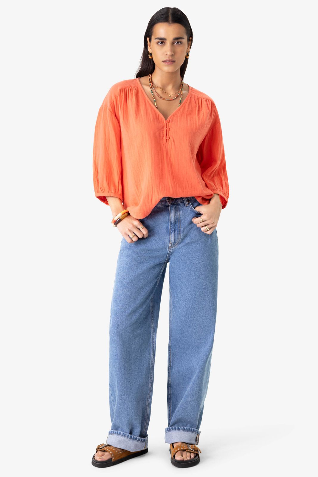 Roze mousseline blouse met V-hals