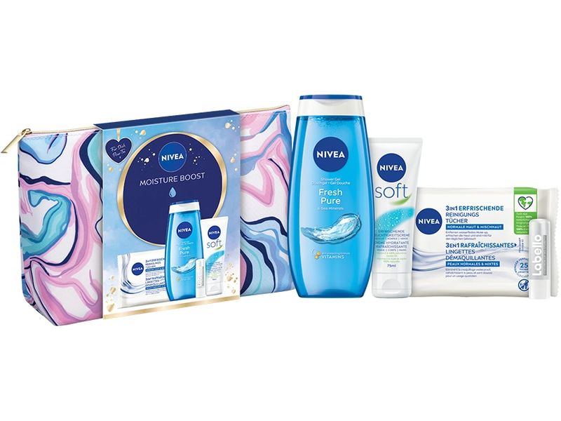 NIVEA Geschenkset Moisture Boost 5-teilig Pflegeset sorgt für Frische und Feuchtigkeit, kombiniert mit einem stylischen Necessaire