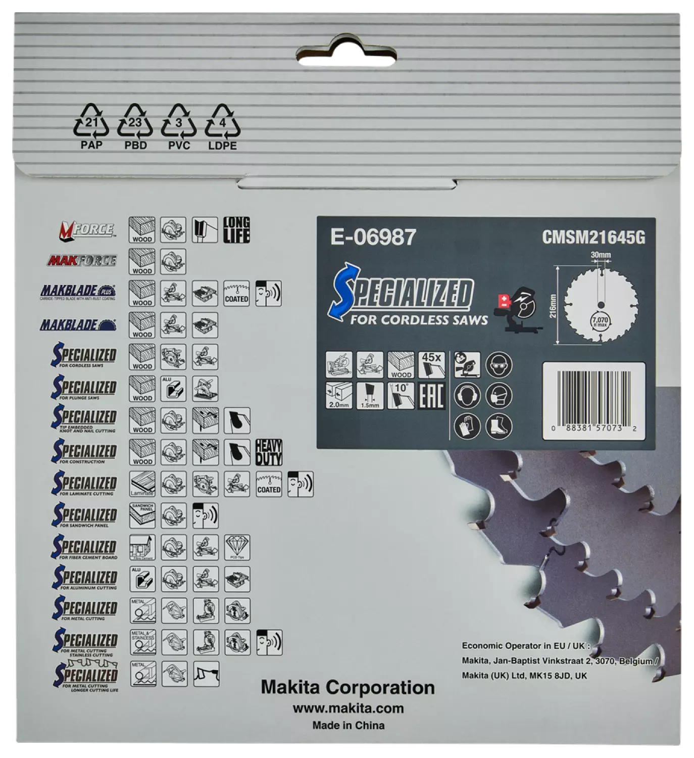 Makita E-06987 Efficut Cirkelzaagblad Hout - 216x30x2,0mm 45T