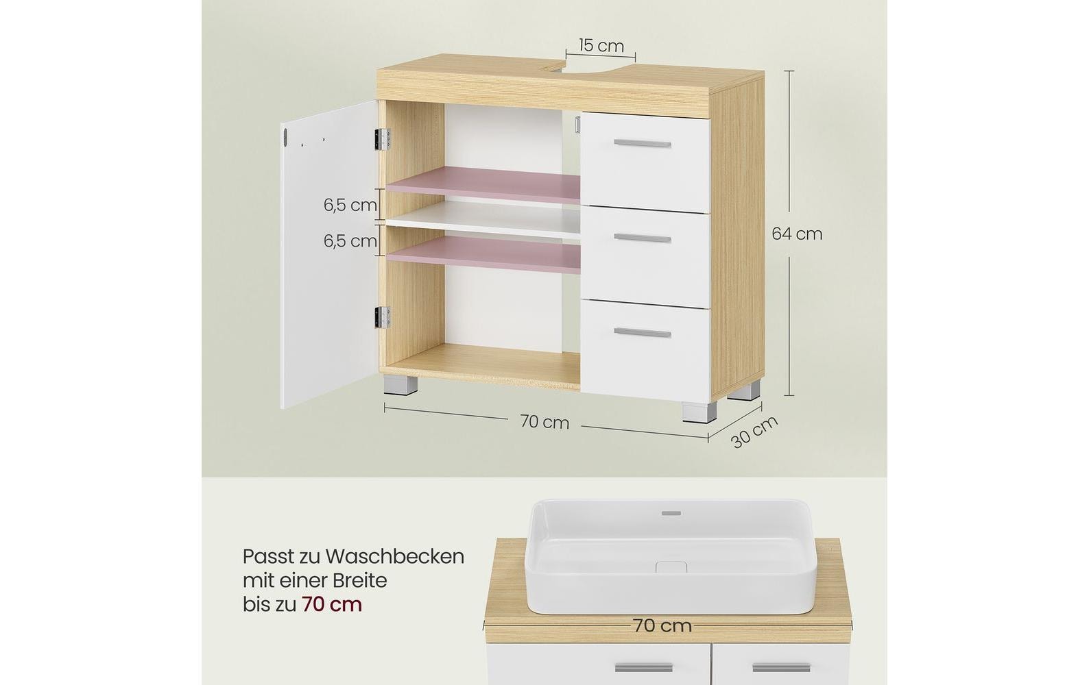 Waschbeckenunterschrank 64 x 70 cm, Braun/WeissBadezimmerregal