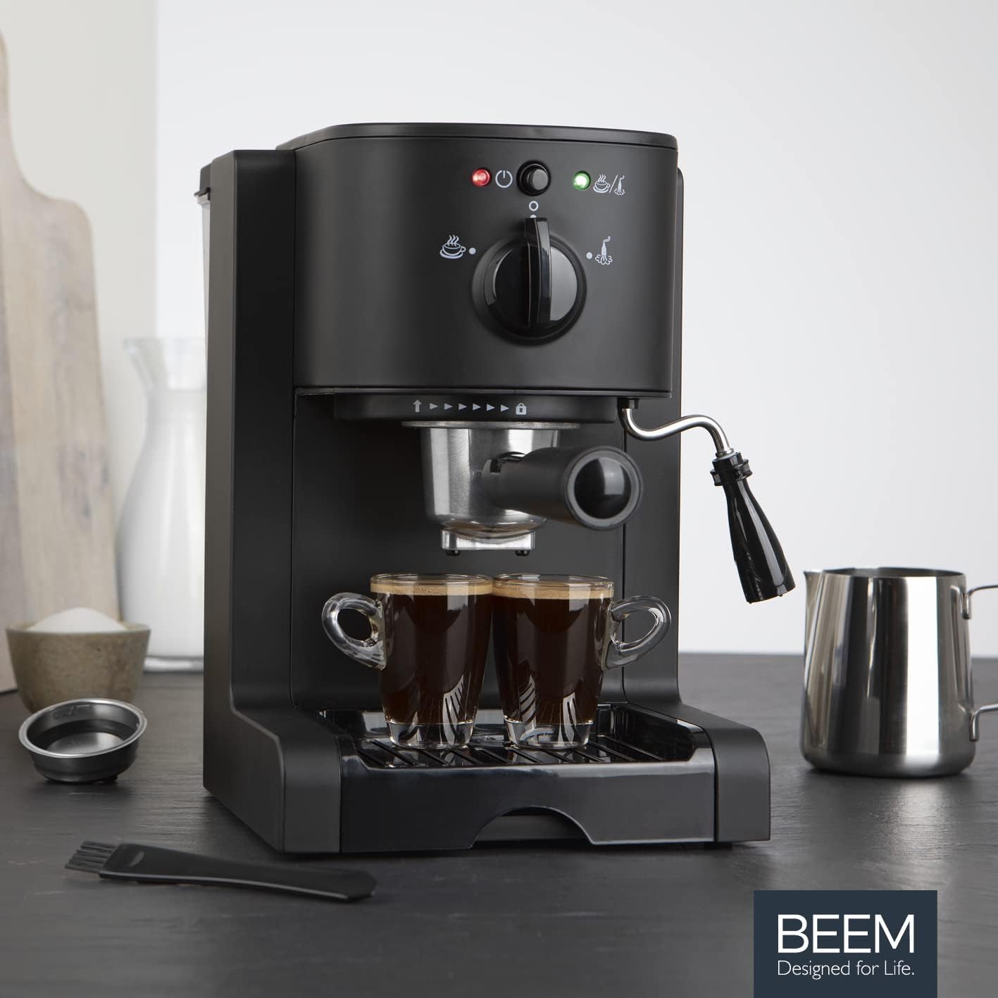 BEEM ESPRESSO PERFECT Siebträgermaschine mit 20 Bar Druck | Mühelose Zubereitung von Espresso, Cappuccino, Latte Macchiato etc. | Kompatibel mit Kaffeepulver, Pads und Kapseln
