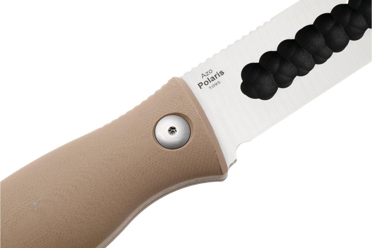 Kizer Polaris 1100A4, Black 1095 Carbon Steel, Tan G10 vaststaand mes, Azo design