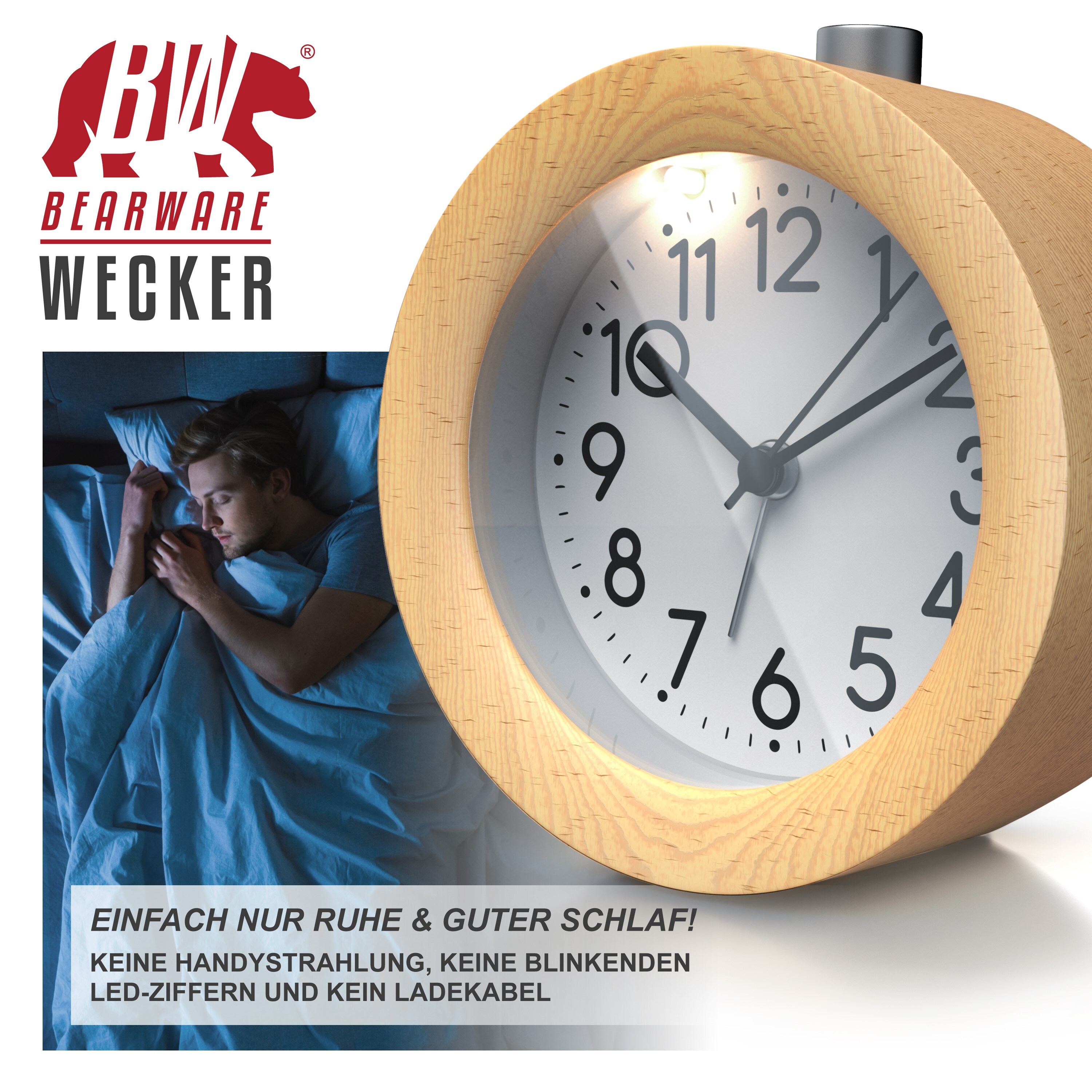BEARWARE Analoger Wecker mit rundem Holzkorpus Holz Wecker mit beleuchtetem Ziffernblatt