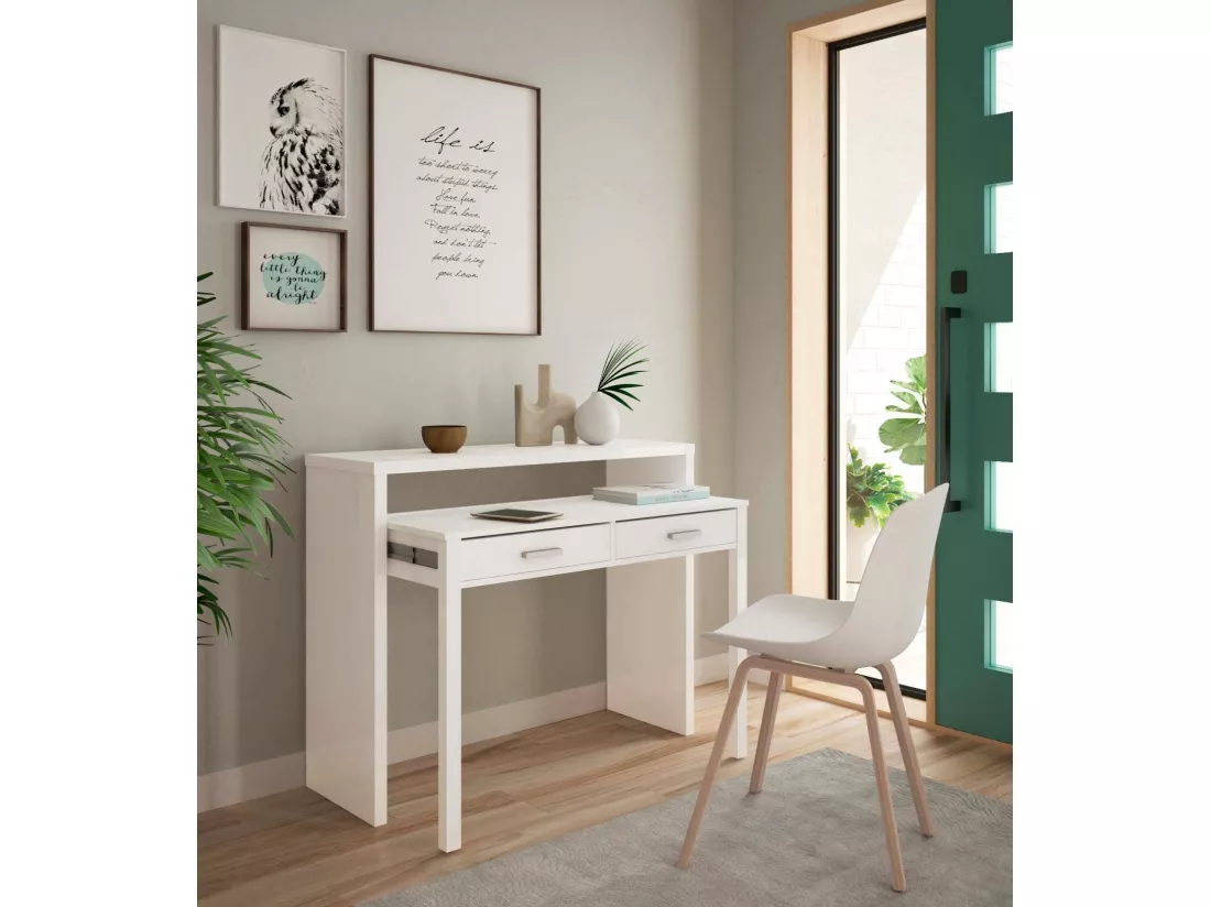 Bureau Billings, Bureau avec plateau extensible, Bureau PC avec 2 tiroirs, 99x36h88 cm, Blanc