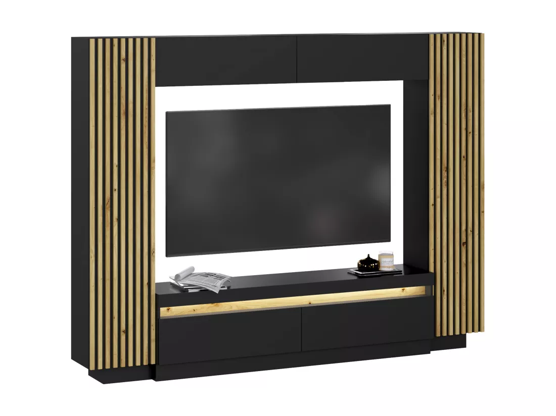Mur TV avec rangements - LEDs - Noir et Naturel - LIONEA