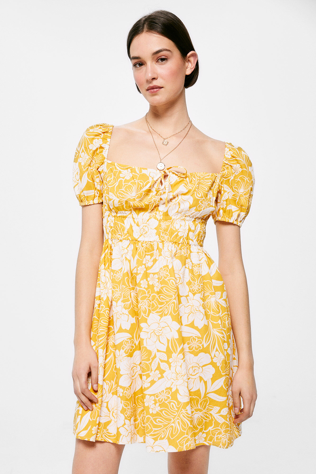 Vestido curto estampado em linho e algodão - Estampa amarela