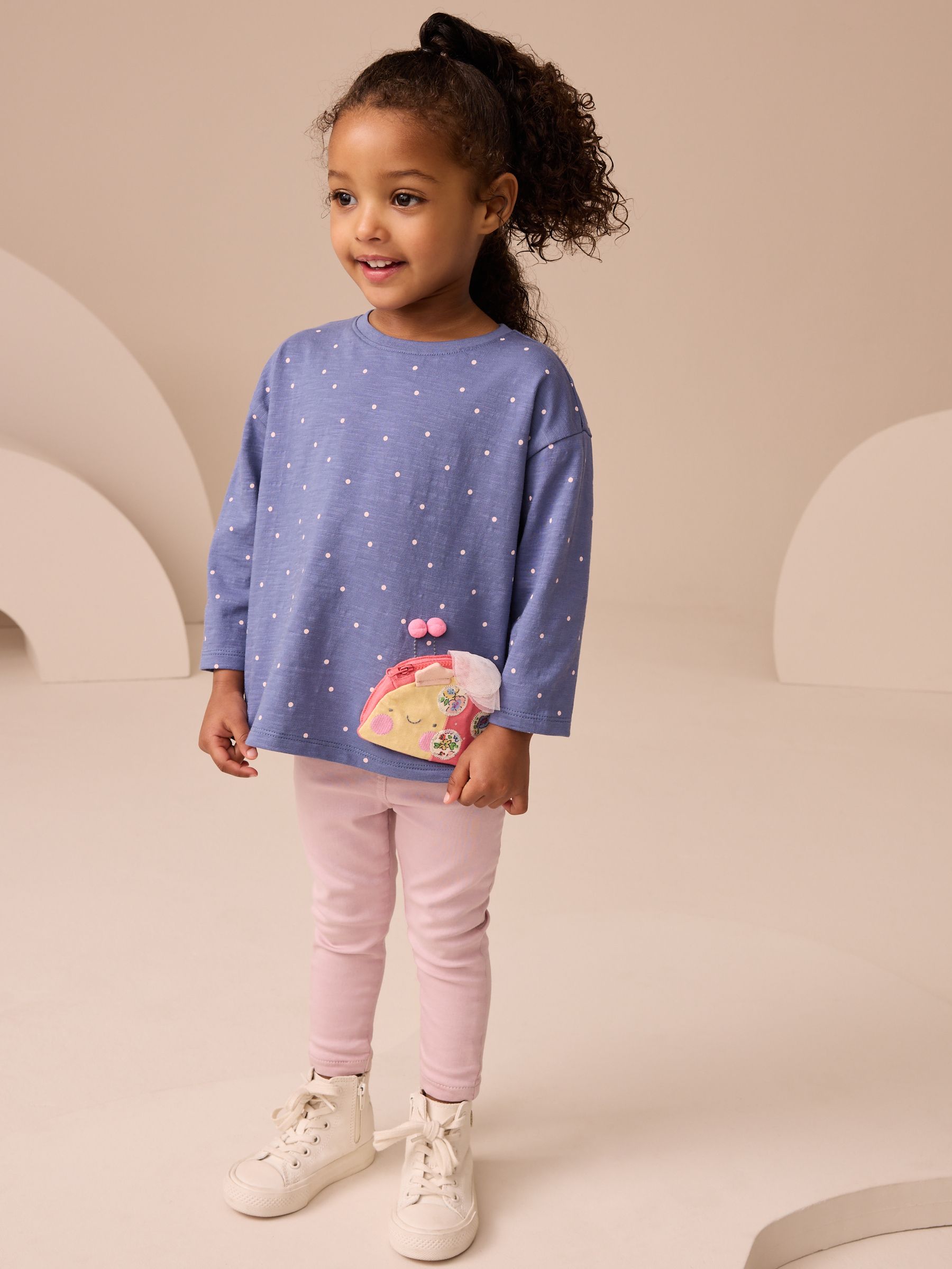 Marineblauw gestippeld met lieveheersbeestje - T-shirt met lange mouwen en tas (3 mnd-7 jr)