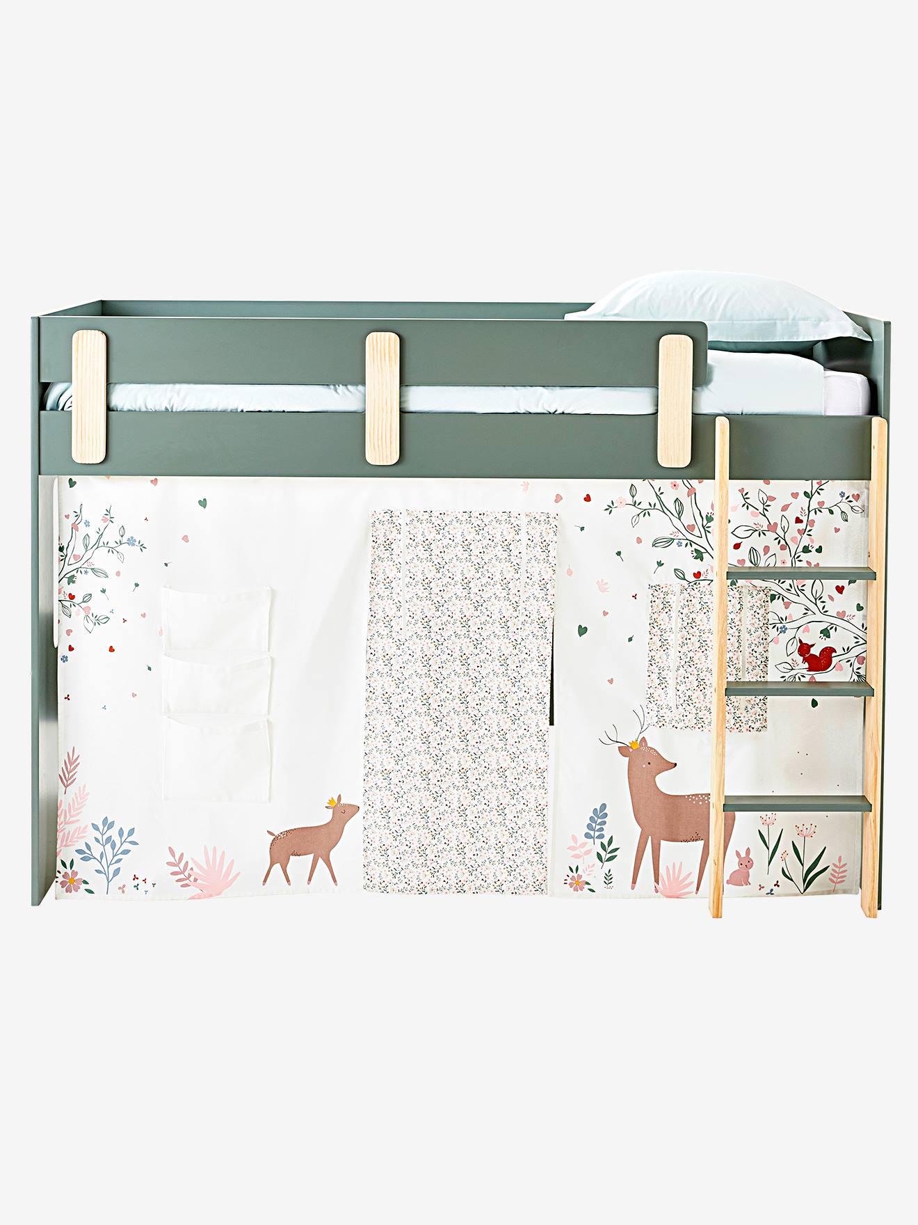 Tenda de cama reversível Floresta Encantada, tamanho médio, branca lisa com estampas.