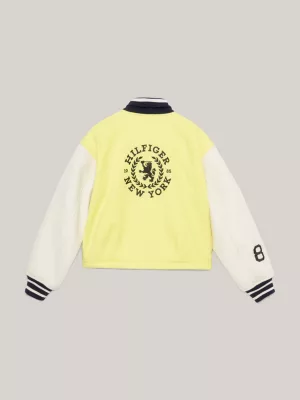 Jaqueta cropped com logo nas costas estilo universitário