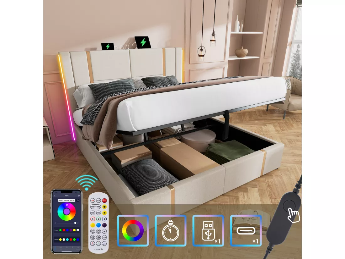 Lit coffre 140 x 200 cm avec tête de lit - Prises USB et Type-C - LEDs - Tissu en lin - Beige (sans matelas)