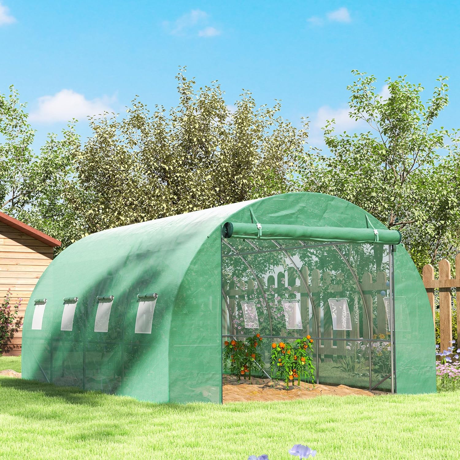 Outsunny Gewächshaus 300x400x200cm Foliengewächshaus Tomatenhaus mit Tür, 8 Fenster, Folientunnel aus verzinktem Stahl, 170g/m² PE, stabiles pflanztunnel, Treibhaus inkl. Erdanker & Seilen, Grün
