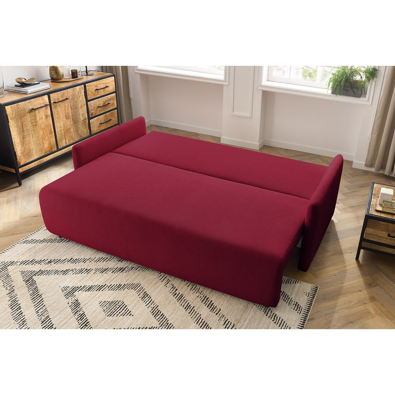 Bobochic Canapé droit convertible coffre marcel tissu lisse rouge - 211x100x86 cm