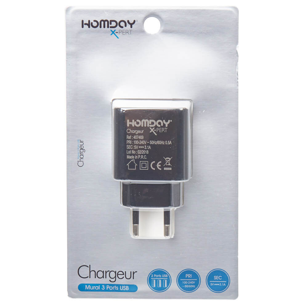 Prise murale chargeur 3 ports USB noir