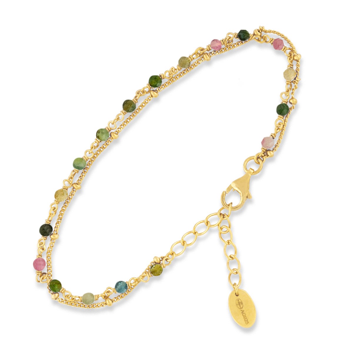 Bracelet En Argent Doré Double Chaine Pierres Naturelles Tourmaline