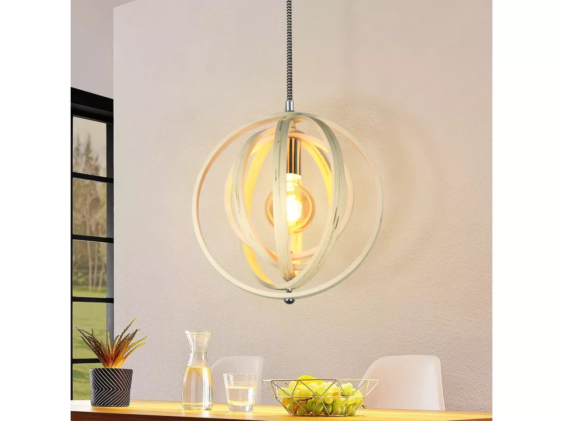 NETTLIFE Suspension LED en bois blanc Diam.30cm E27 lampe à style maison de campagne vintage, réglable en hauteur, intégré en permanence, salle