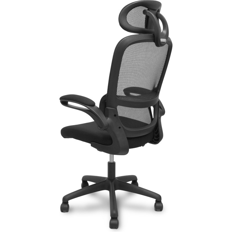 Chaise Pro525, dossier en maille noire, assise et appui-tête en tissu noir