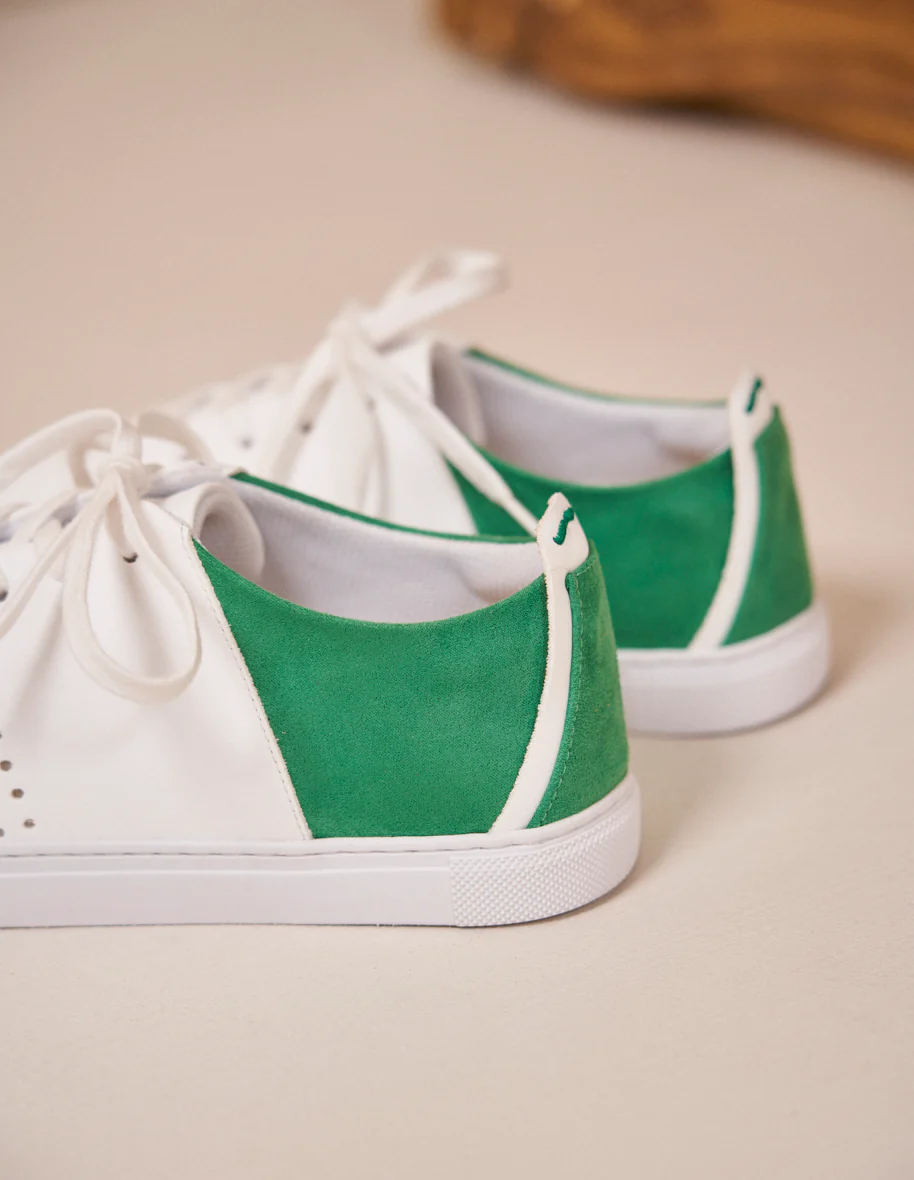Baskets basses Renée - Cuir vegan blanc et suède vegan vert