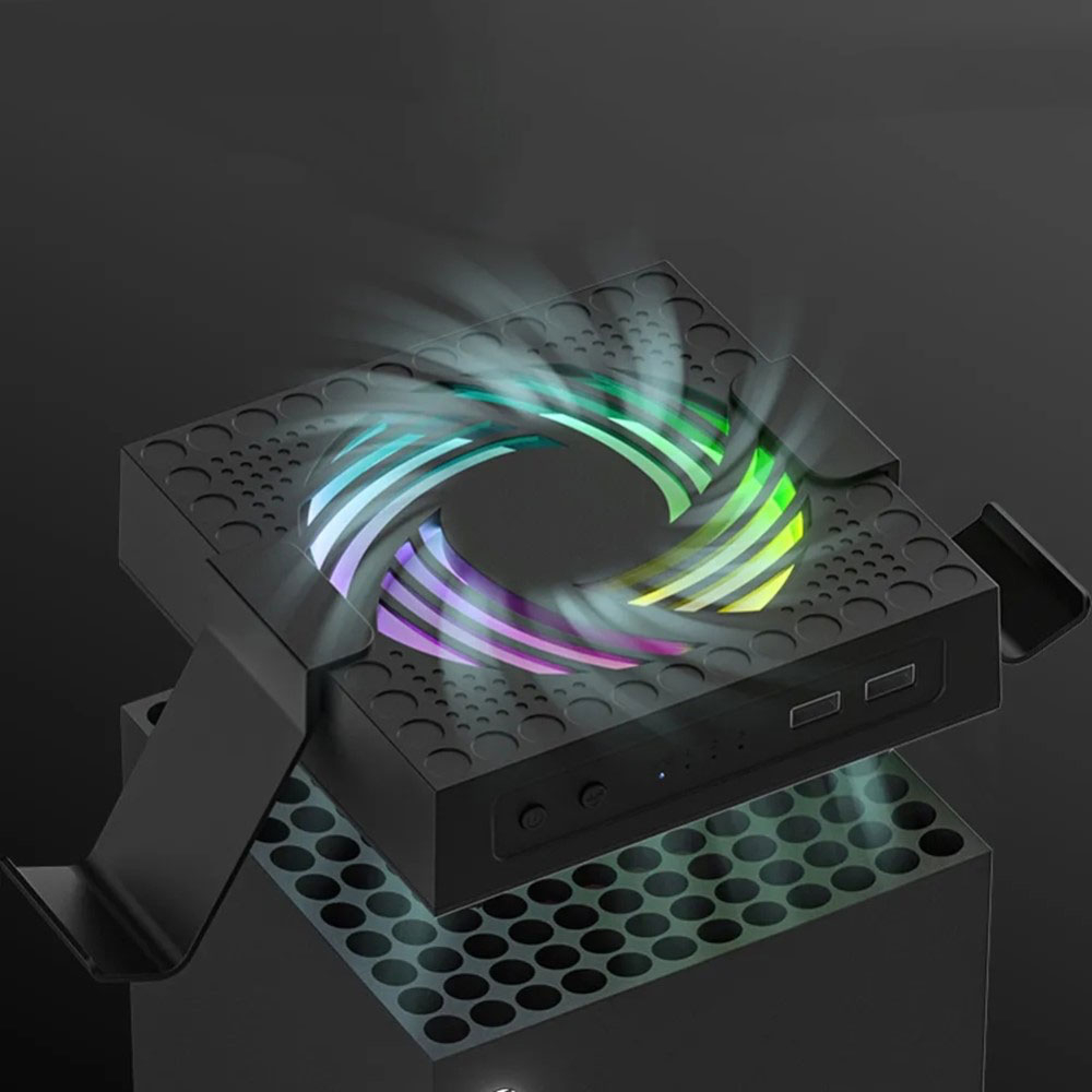 XBOX Series X USB A Kühler Lüfter mit RGB LED Beleuchtung und 2x USB Anschluss   Controller Halterung - Schwarz