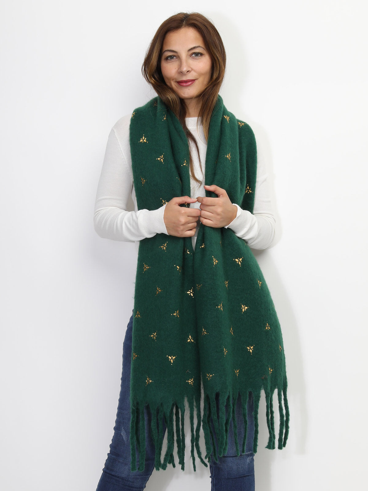 Écharpe duveteuse à motif doré- Vert foncé