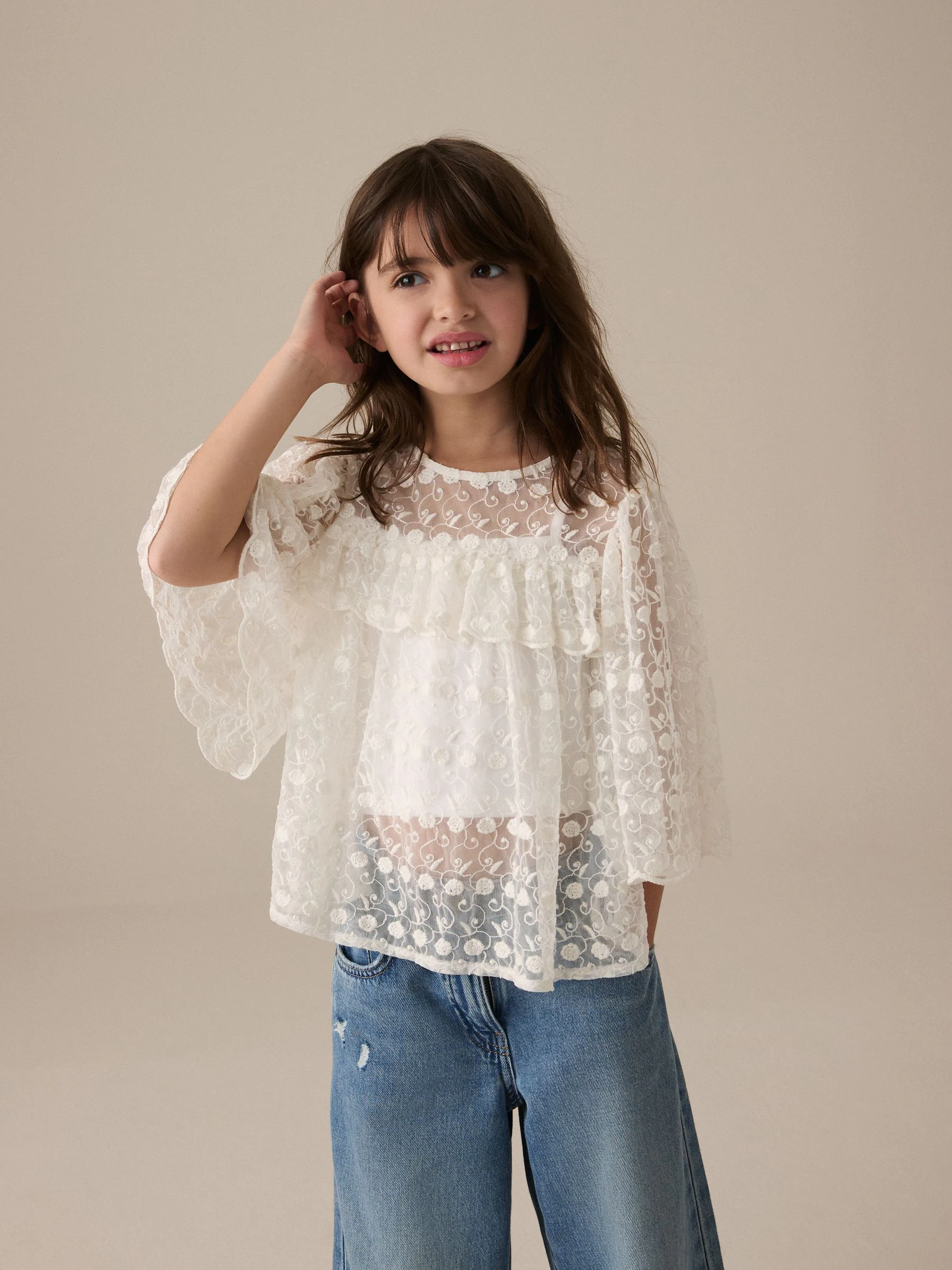 Crème - 100% katoenen kanten blouse (3 - 16 jr)