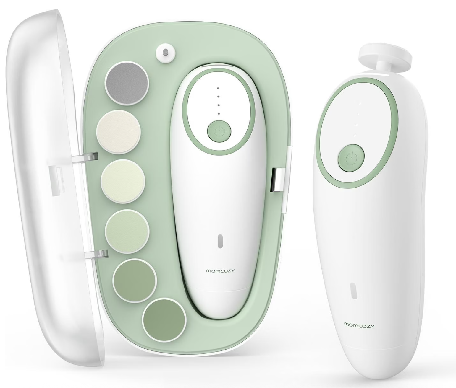 Momcozy - (10-tlg. Set) Elektrische Baby Nagelfeile Maniküre Trimmer Kinder Nagelpflege mit LED Ring (NC013-GG12BA-A) - Weiss / Grün