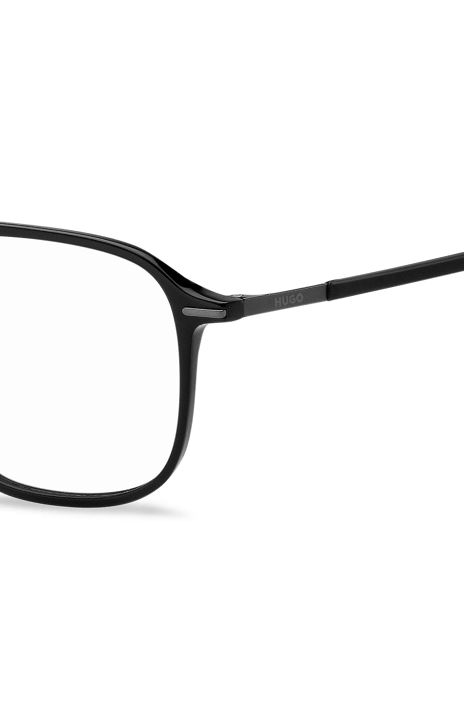 Armação de óculos HUGO em acetato vermelho e preto com ponte dupla.