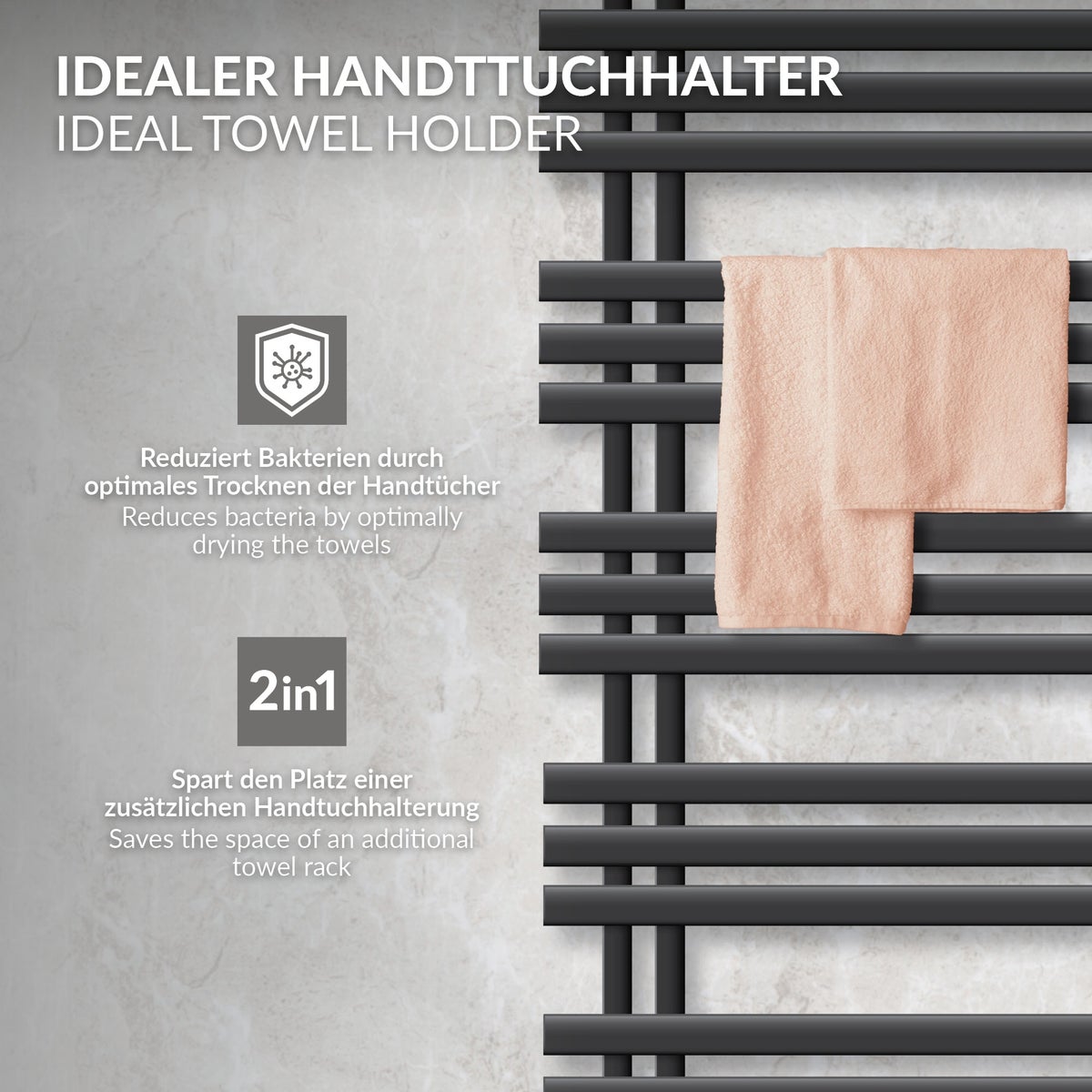 LuxeBath badkamerradiator Iron EM 600x1200 mm antraciet middenaansluiting met aansluitset en thermostaat hoekwand, designradiator badkamerverwarming handdoekradiator handdoekdroger handdoekradiator