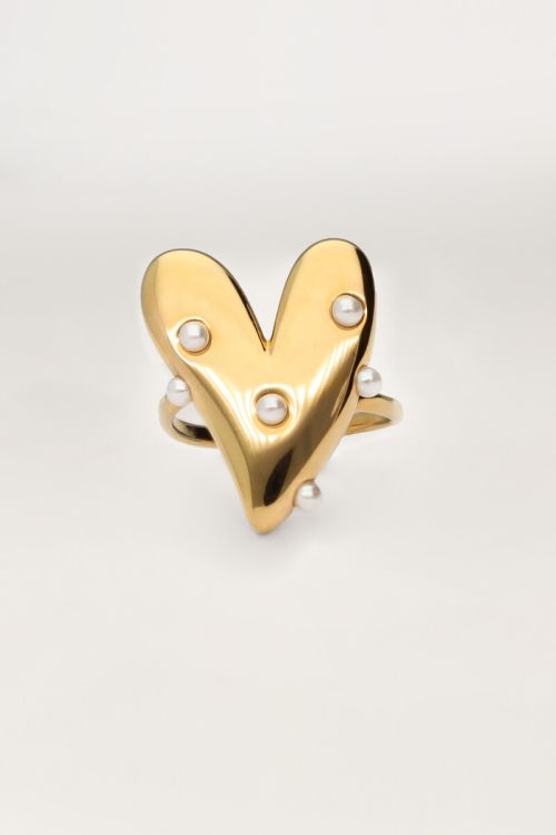 Statement ring met groot hart en parels