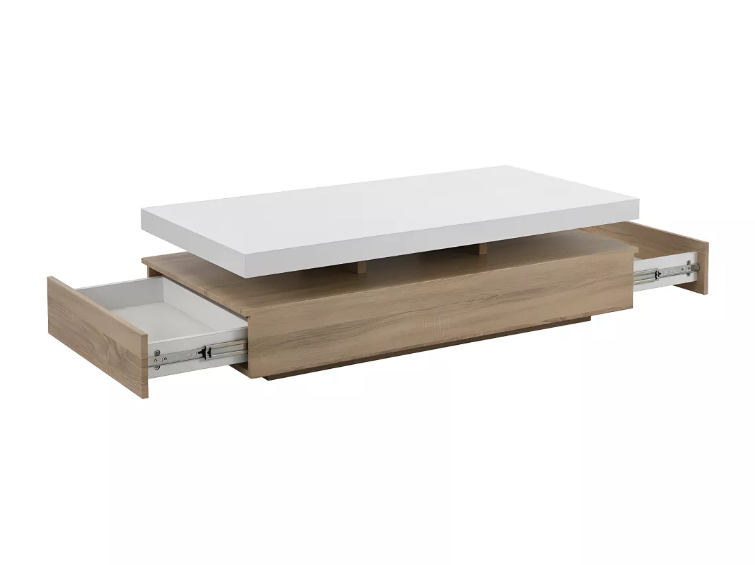 Table basse avec 2 tiroirs en MDF - Naturel clair et blanc - FELIX