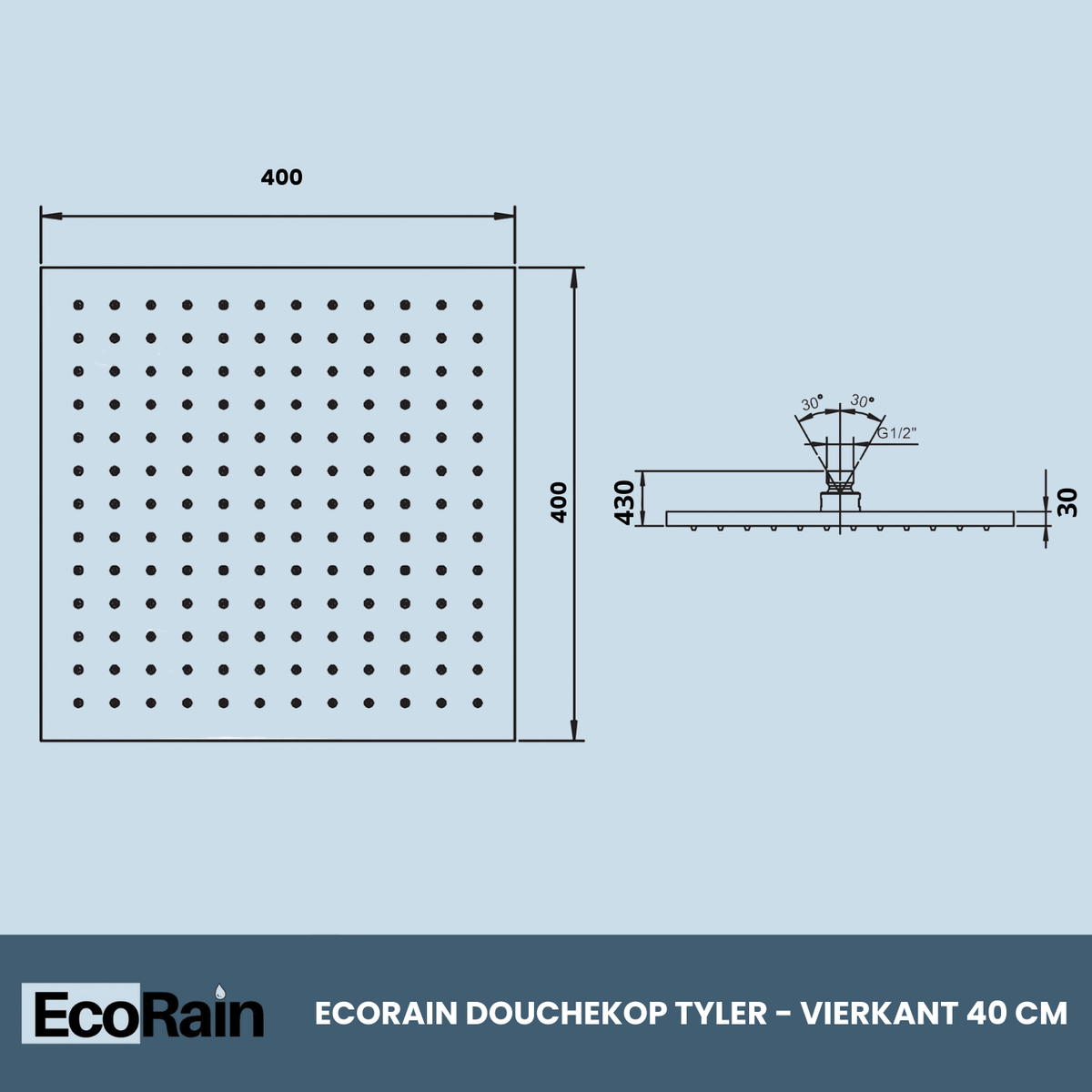 EcoRain Waterbesparende Regendouchekop Tyler Vierkant 40 cm Zwart - 30% Waterbesparende Douchekop - Waterbesparende Douchekop - Moderne Universele Regendouchekop - Grote Anti-verbrandingsdouchekop