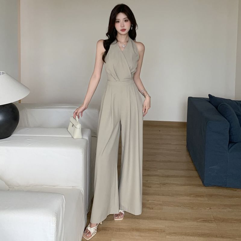 Aurora - Halternek Effen Jumpsuit met Wijde Pijpen