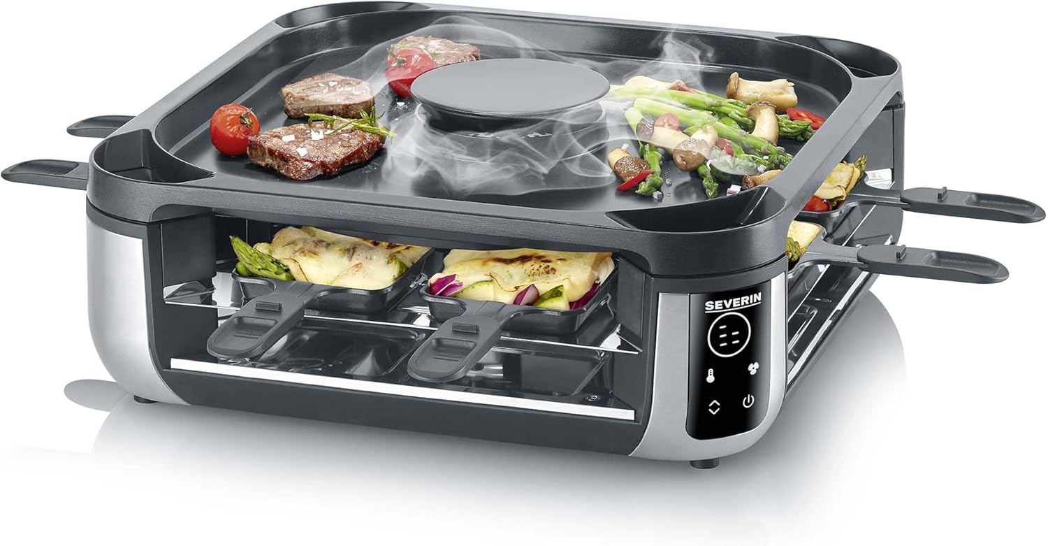 Severin S-Joy Sevento Raclette-Grill mit integriertem Umluft-Filter: weniger Rauch & Gerüche, Digital-Display, 8 Pfännchen & 8 Spatel, kratzfeste ILAG-Beschichtung, bis 230°C, 1900W, schwarz, RG 2350