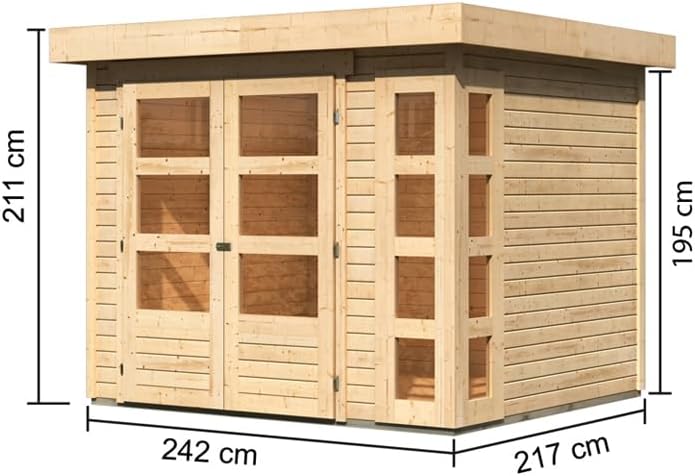 Karibu Gartenhaus | Gerätehaus mit 19 mm Wandstärke | Doppeltür mit Lichtausschnitten + Fenster | Schuppen mit 5,26 m² Grundfläche | Steck-/Schraubsystem | Naturbelassen | 242 x 217 x 211 cm