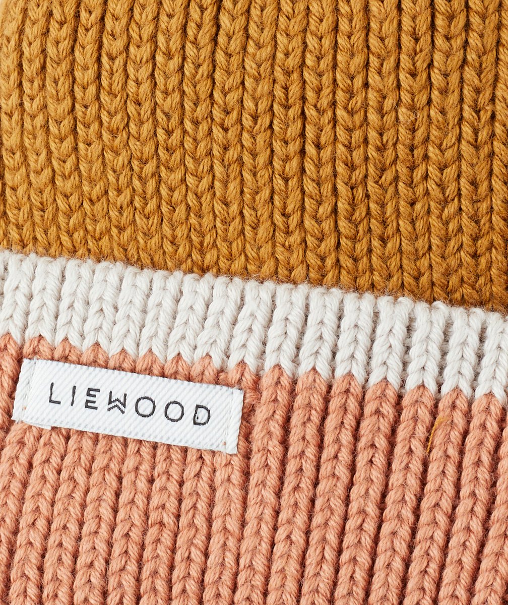 LIEWOODBONNET GINA EN TRICOT CÔTELÉ ET COTON BIO MARRON ET ROSE AVEC OREILLES D’OURS