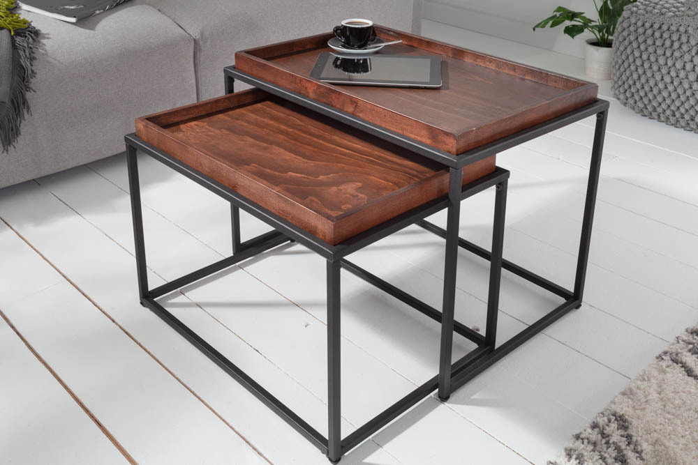 Industrial 2er Set Couchtisch ELEMENTS 60cm Mocha Buche abnehmbares Tablett