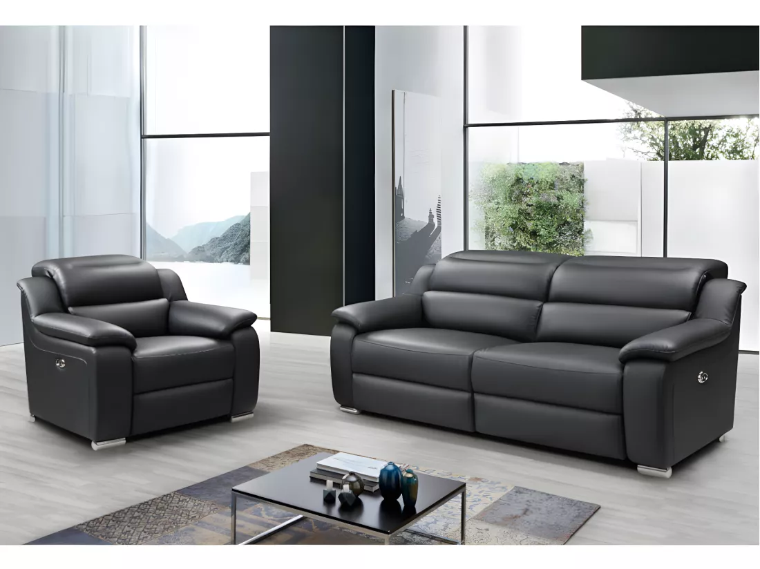 Canapé 3 places et fauteuil relax électrique en cuir noir ARENA III