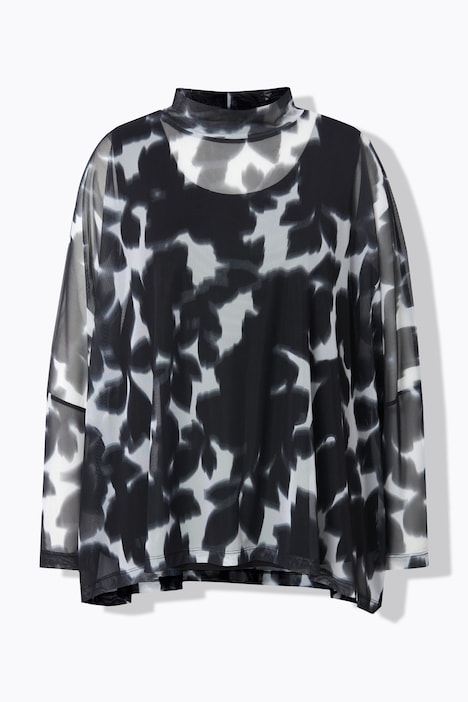 Mesh-Bluse, oversized, Muster, blickdichtes Top