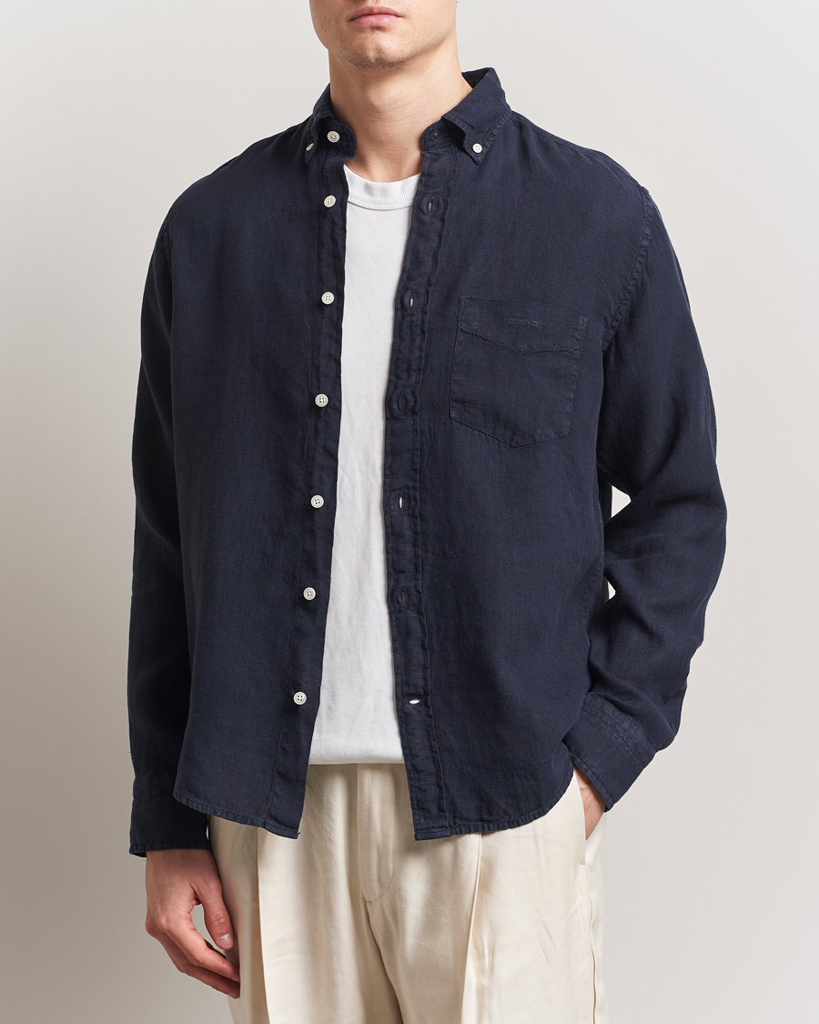 GANT Regular Fit Garment Dyed Linen Shirt Evening Blue
