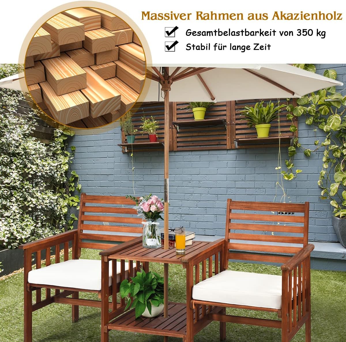 COSTWAY Gartenbank mit Tisch, 2-Sitzer Holzbank mit Sitzkissen & Schirmloch, Sitzbank aus Akazienholz bis 350 kg belastbar, Terrassenbank für Balkon, Garten, Terrasse, 165 x 65 x 88 cm