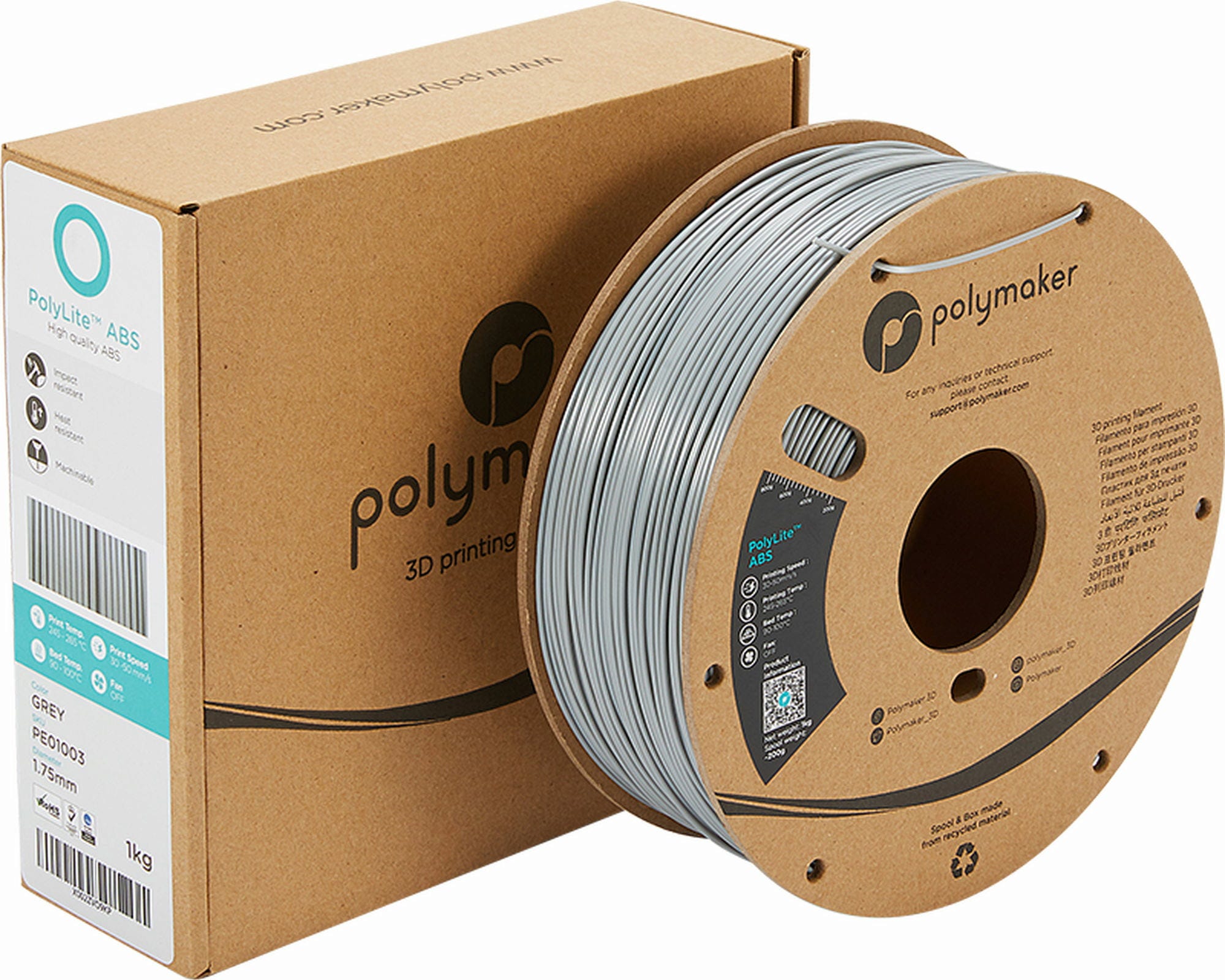 Polymaker  PolyLite ABS Grau, 1,75 mm / 1000 g    Außergewöhnliche Qualität mit PolyLite ABS in Grau