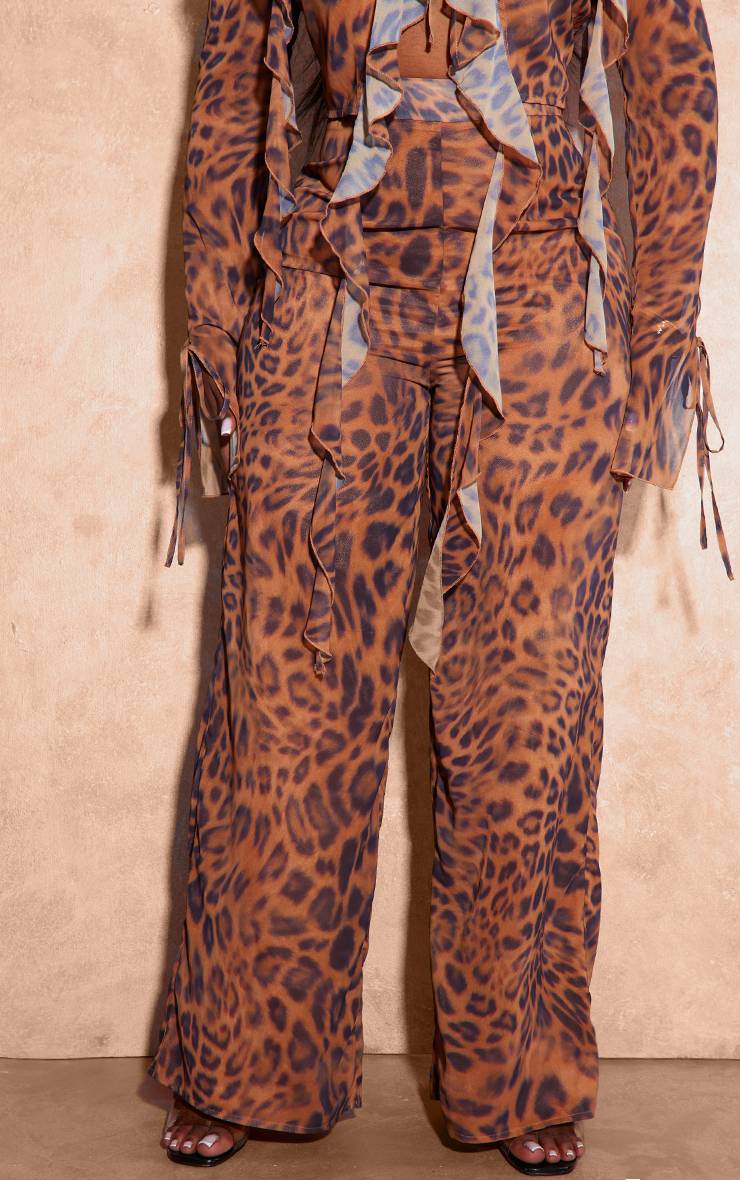 Marron Pantalon Large Taille Mi-haute En Mousseline Imprimé Léopard Grande Taille