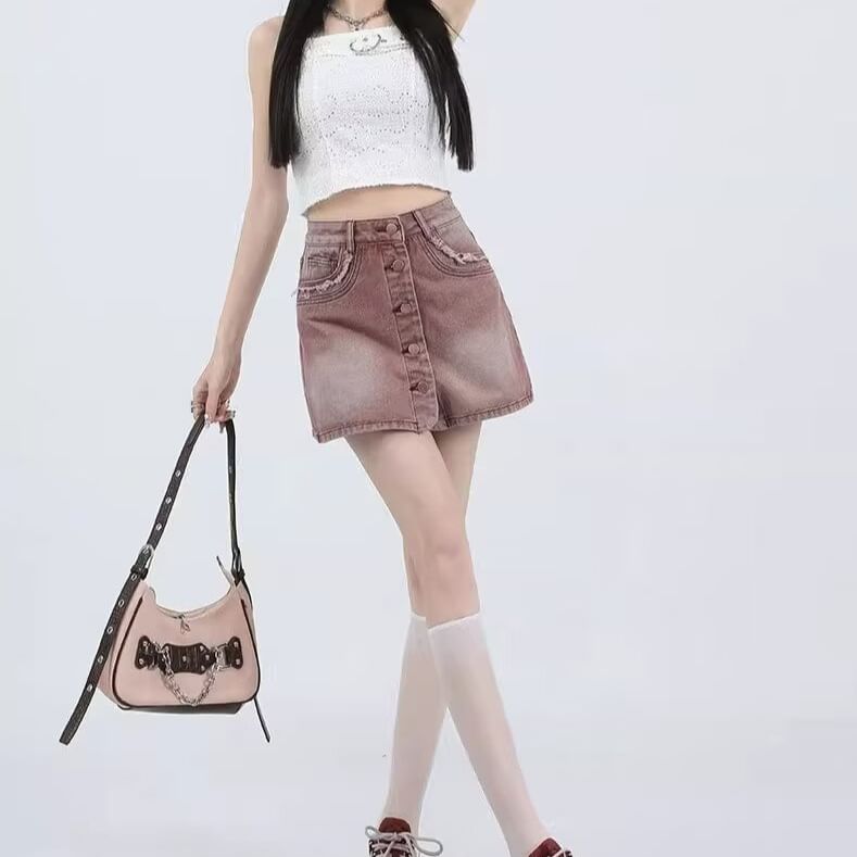 CosmoCorner - Hoge taille gewassen denim skort