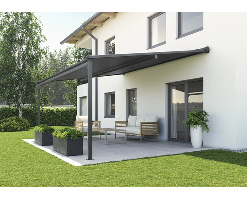 SOLUNA Pergola met stoffen dak 4x3, doekdesign 320994, frame RAL 7016 antracietgrijs, aandrijving links inclusief motor, wandschakelaar (wandmontage)
